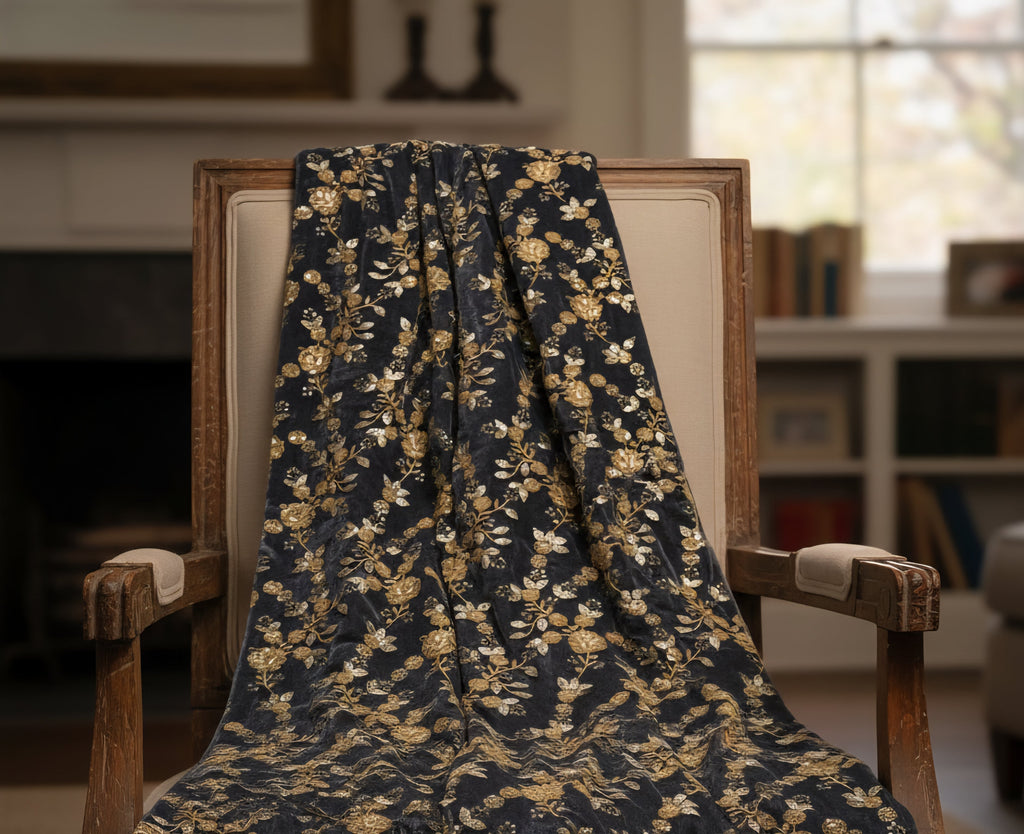 Grey Velvet With Golden Heavy Sequins And Thread Embroidered Jaal Fabric