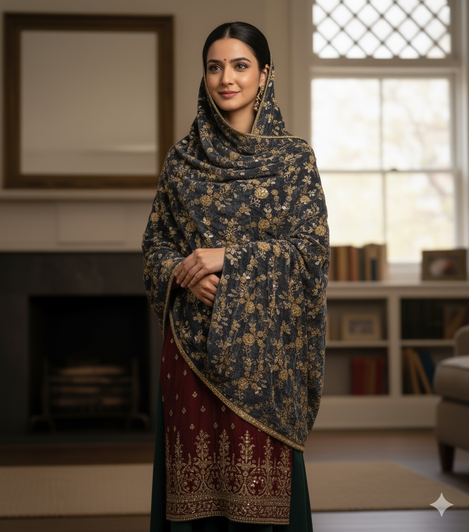 Grey Velvet With Golden Heavy Sequins And Thread Embroidered Jaal Fabric