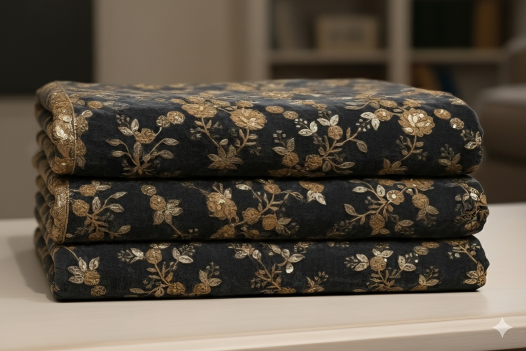 Grey Velvet With Golden Heavy Sequins And Thread Embroidered Jaal Fabric