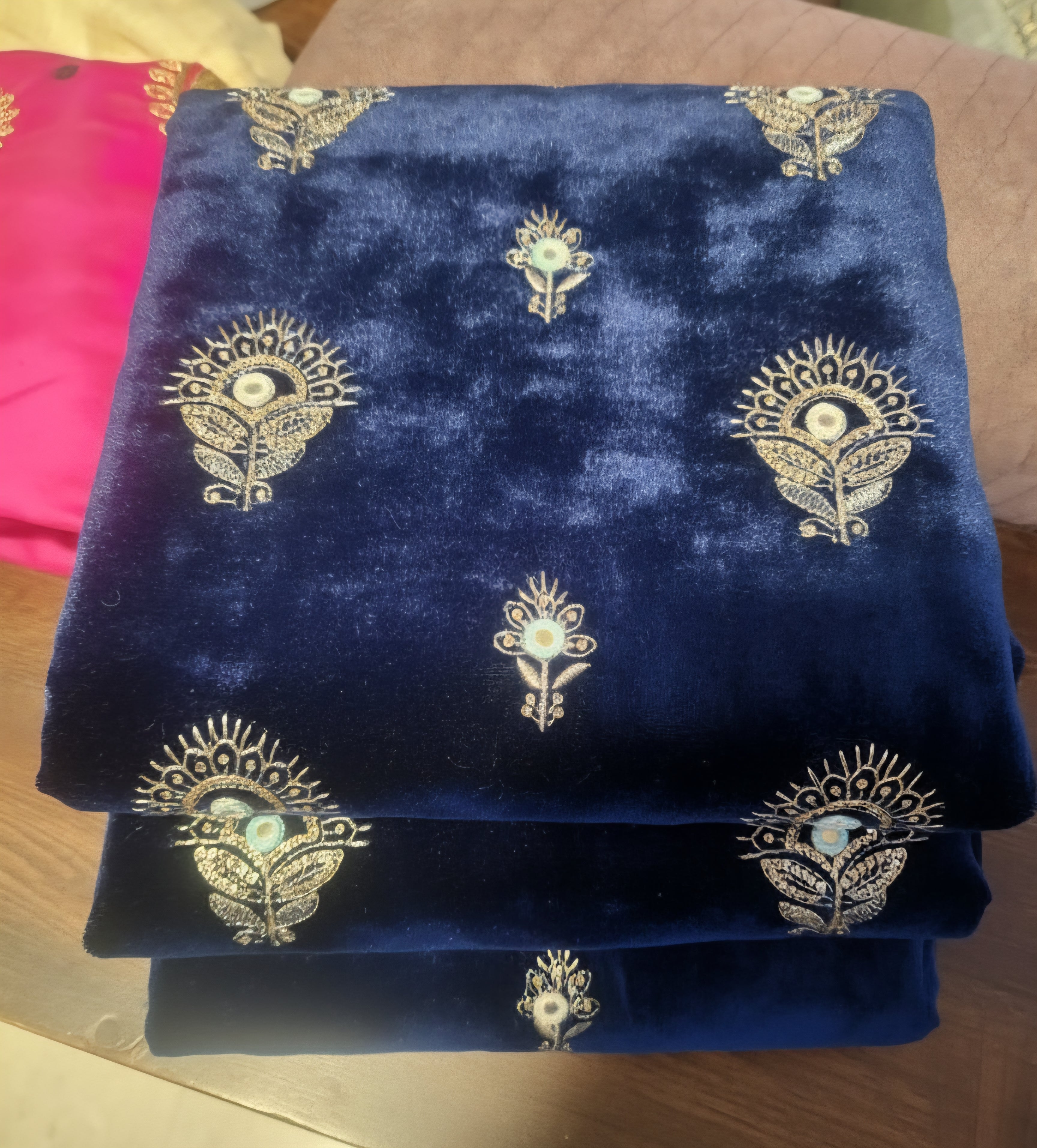 Navy Blue with Golden Sequence Zari & Multicoloured Mirror Work Embroidery Soft Velvet