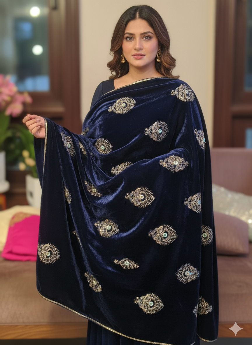 Navy Blue with Golden Sequence Zari & Multicoloured Mirror Work Embroidery Soft Velvet