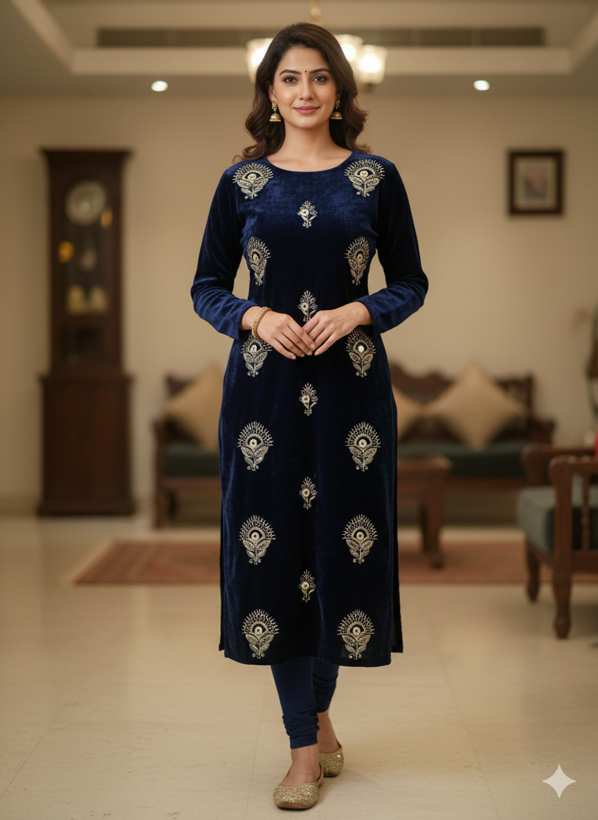 Navy Blue with Golden Sequence Zari & Multicoloured Mirror Work Embroidery Soft Velvet