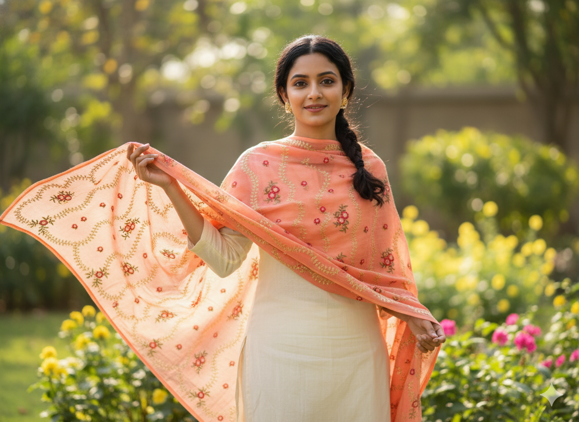 Orange Floral Design Chanderi Silk Fabric