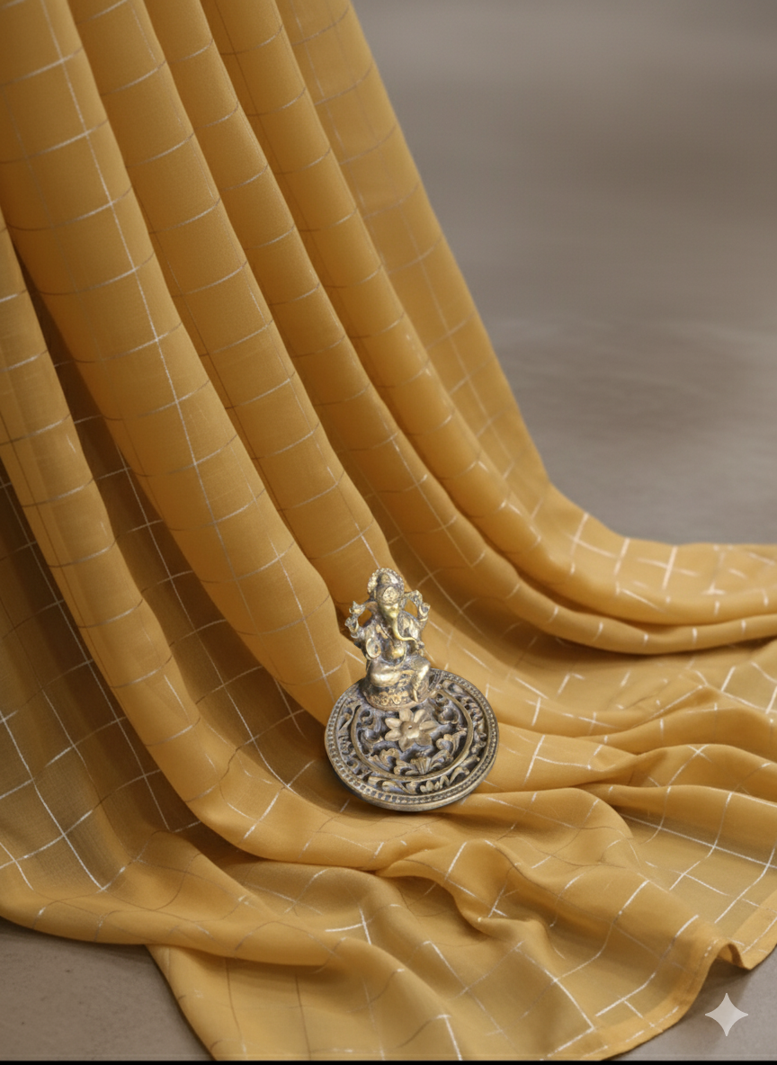 Yellow Golden Weaved Checks Chanderi Fabric