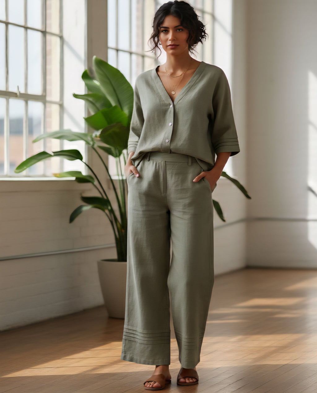 Sage Green Stone Wash Pure Cotton Linen Fabric