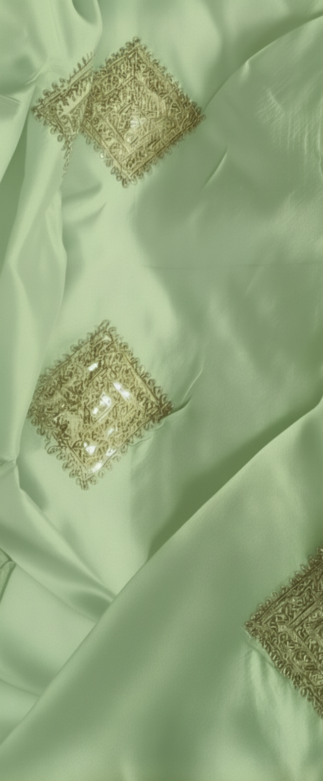 Floresent pista green taffeta silk Embroidered with golden dori & sequences
