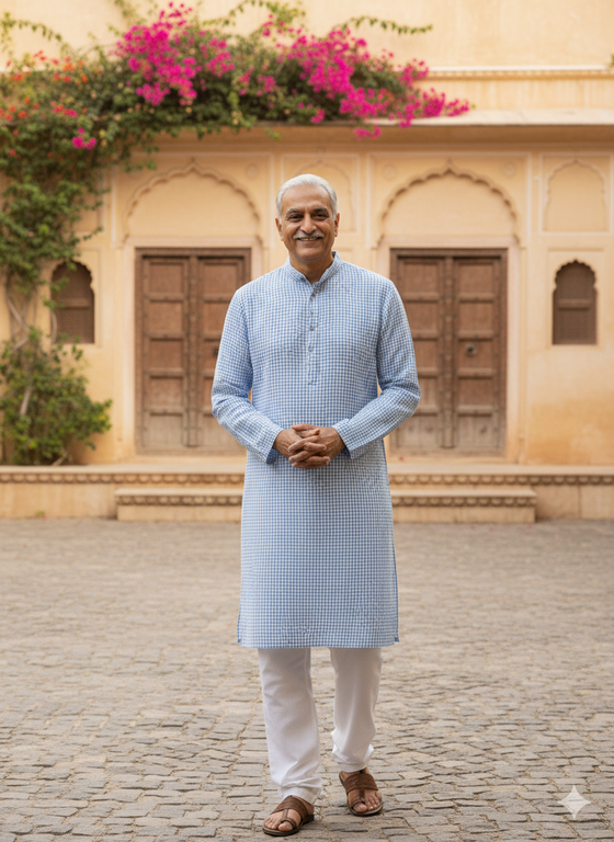 Man in a light blue kurta standing in front of a beige building with wooden doors and pink flowers.