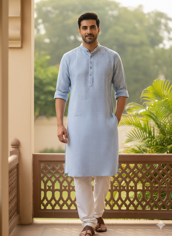 Man wearing a light blue checkered kurta with white pants on a balcony with greenery in the background