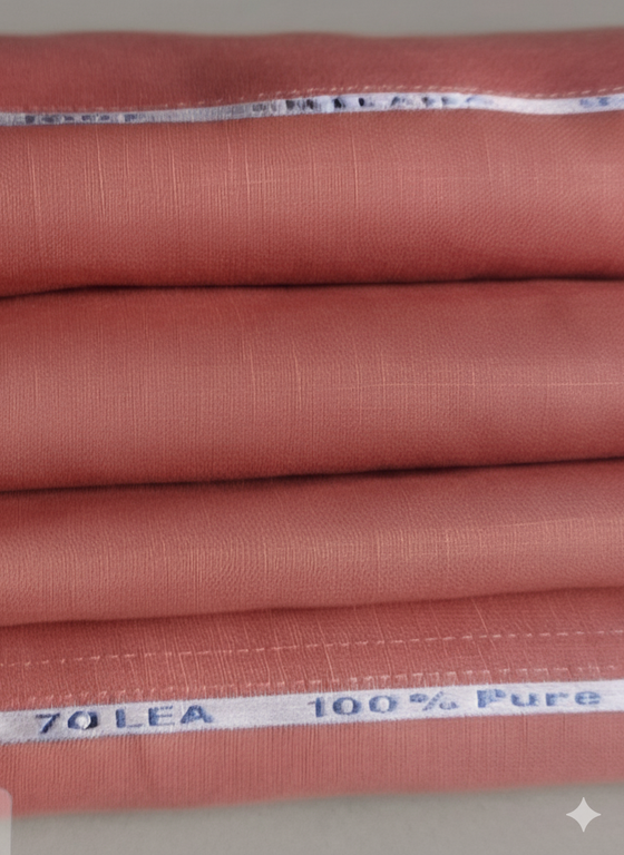 Stack of pink fabric with '70 LEA 100% Pure' label on a gray background
