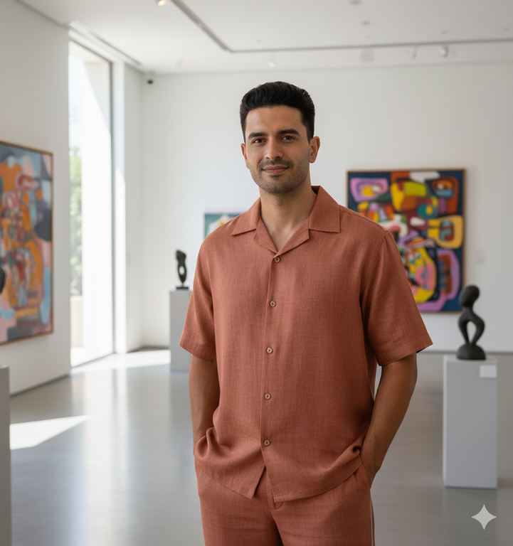 Man in a brown outfit standing in an art gallery with colorful abstract paintings on the walls.