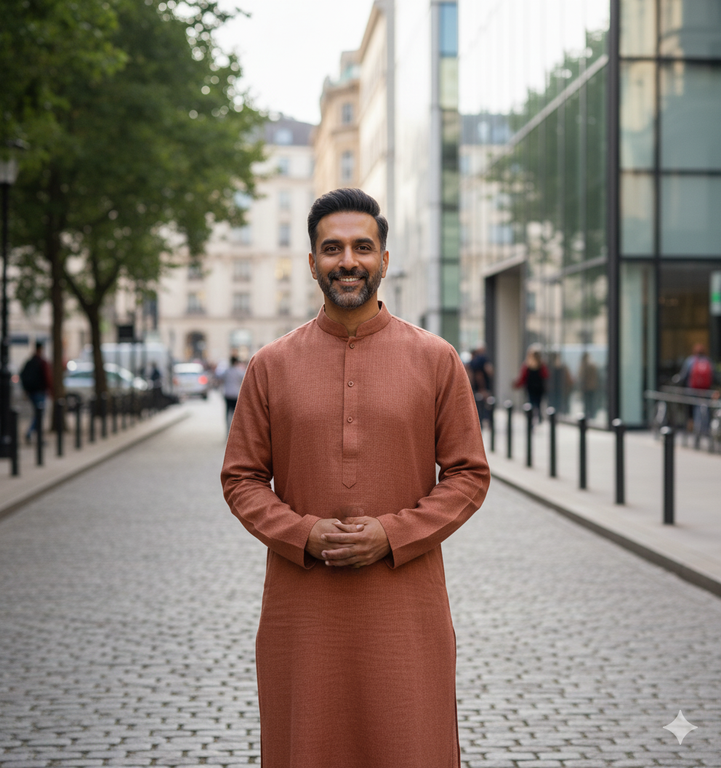 Man in a brown traditional outfit standing on a city street