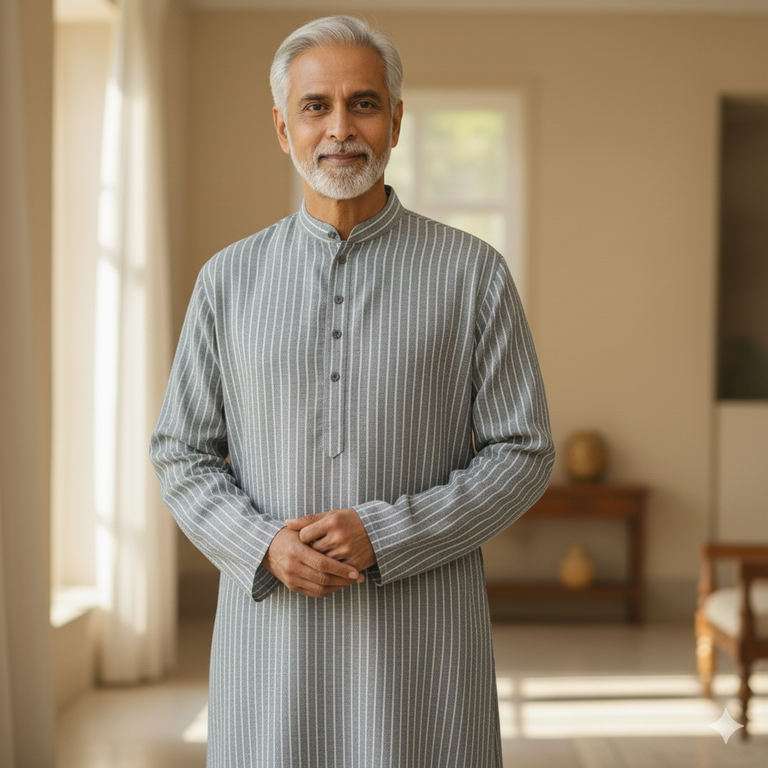 Man wearing a gray striped kurta in a well-lit room
