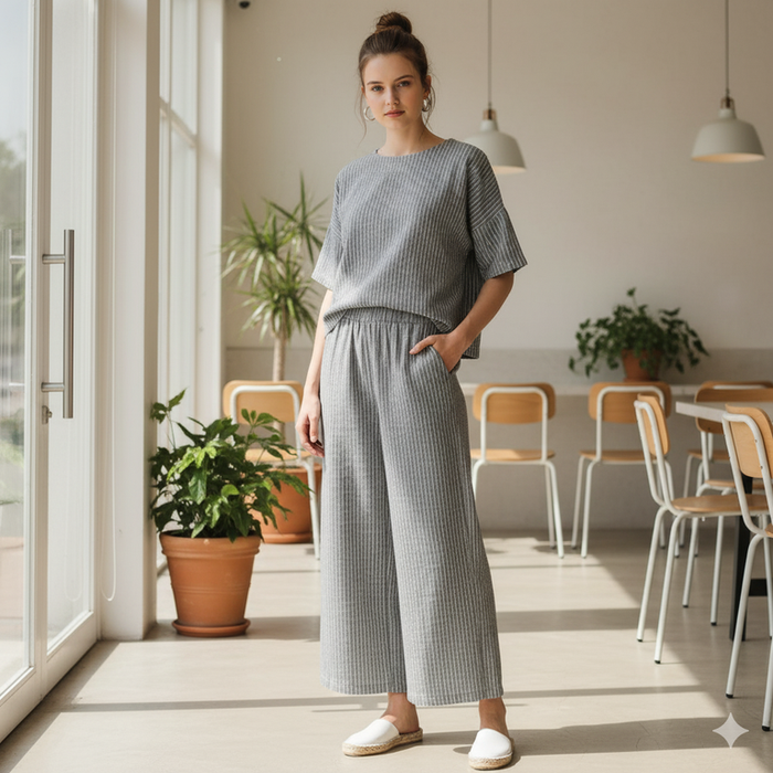 Woman in a gray outfit standing in a room with plants and chairs.
