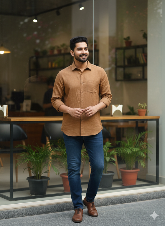 Man standing in a modern office setting with plants and furniture.