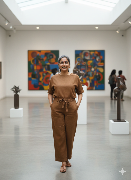 Woman in a brown outfit standing in an art gallery with colorful paintings on the wall.