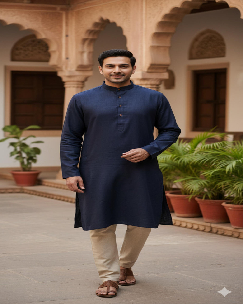Man wearing a navy kurta with beige pants standing in an outdoor setting with plants and architectural elements.