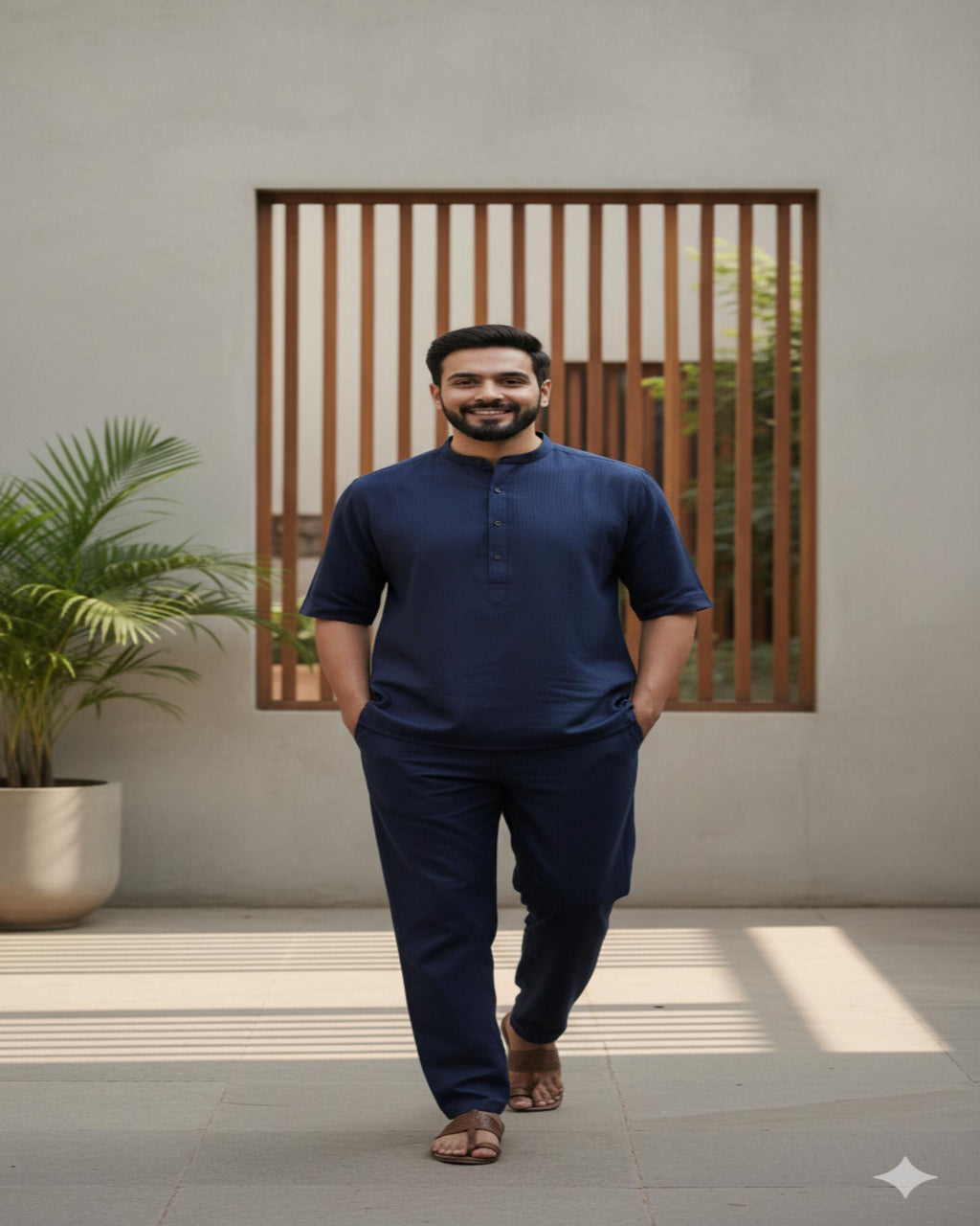 Man in navy kurta standing in a modern outdoor setting with a plant and wooden screen in the background.
