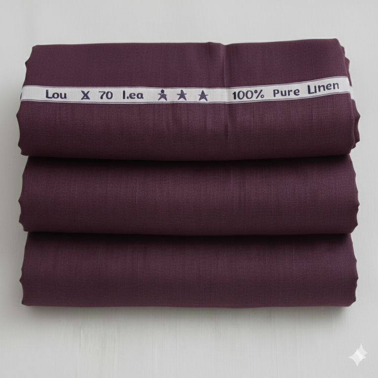 Folded purple linen fabric with a visible label on a white background