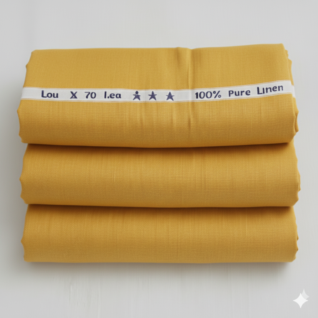 Folded yellow fabric with a label indicating '100% Pure Linen' on a white background