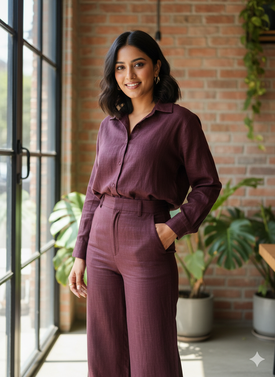 Woman in a maroon outfit standing in a room with plants and a brick wall.
