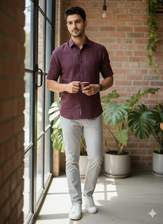 Man in a maroon shirt and light gray pants standing indoors with plants and a brick wall in the background