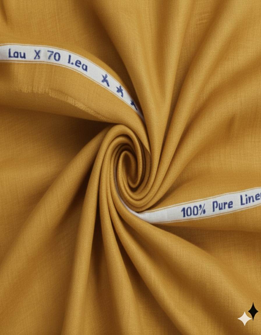 Roll of mustard yellow fabric with a label indicating '100% Pure Linen'.
