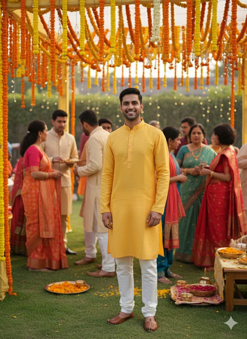 Man in a yellow kurta standing in a decorated outdoor setting with people around