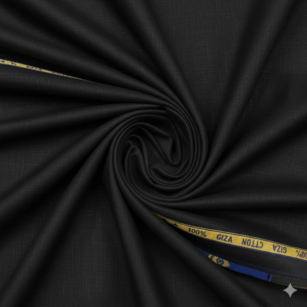 Black fabric with a measuring tape indicating '100% Giza Cotton' on a black background