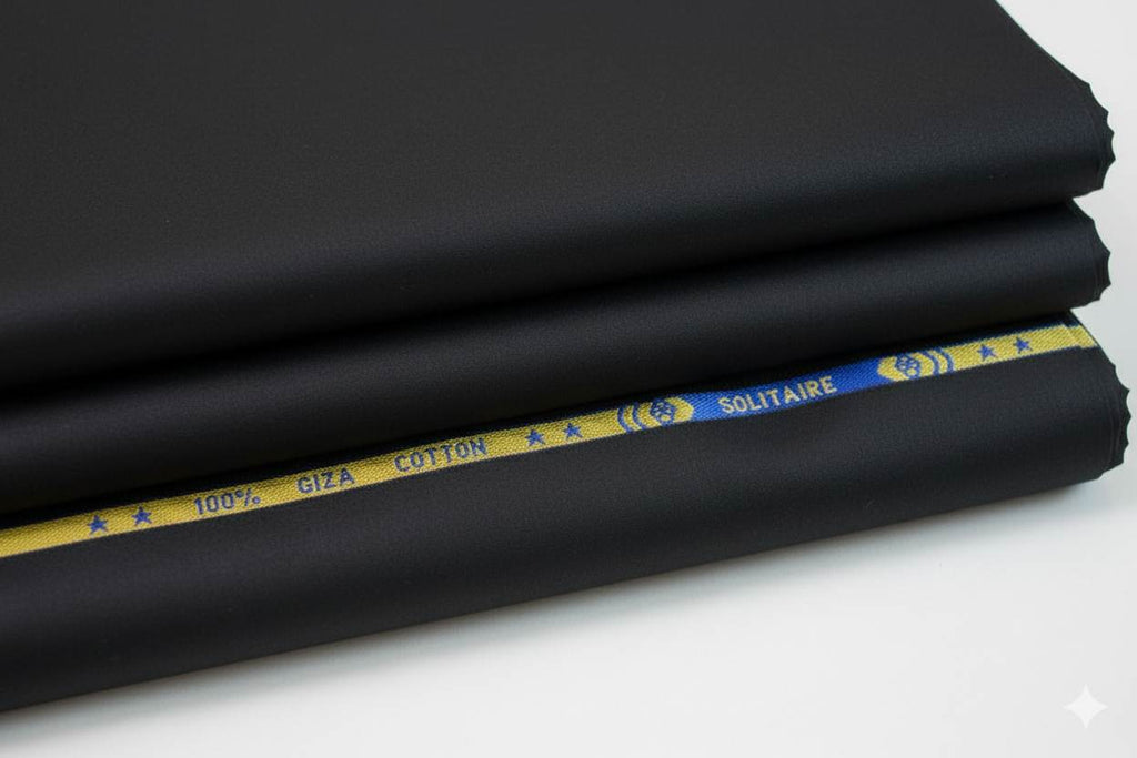 Stack of black fabric with 'Solitaire' branding on a white background