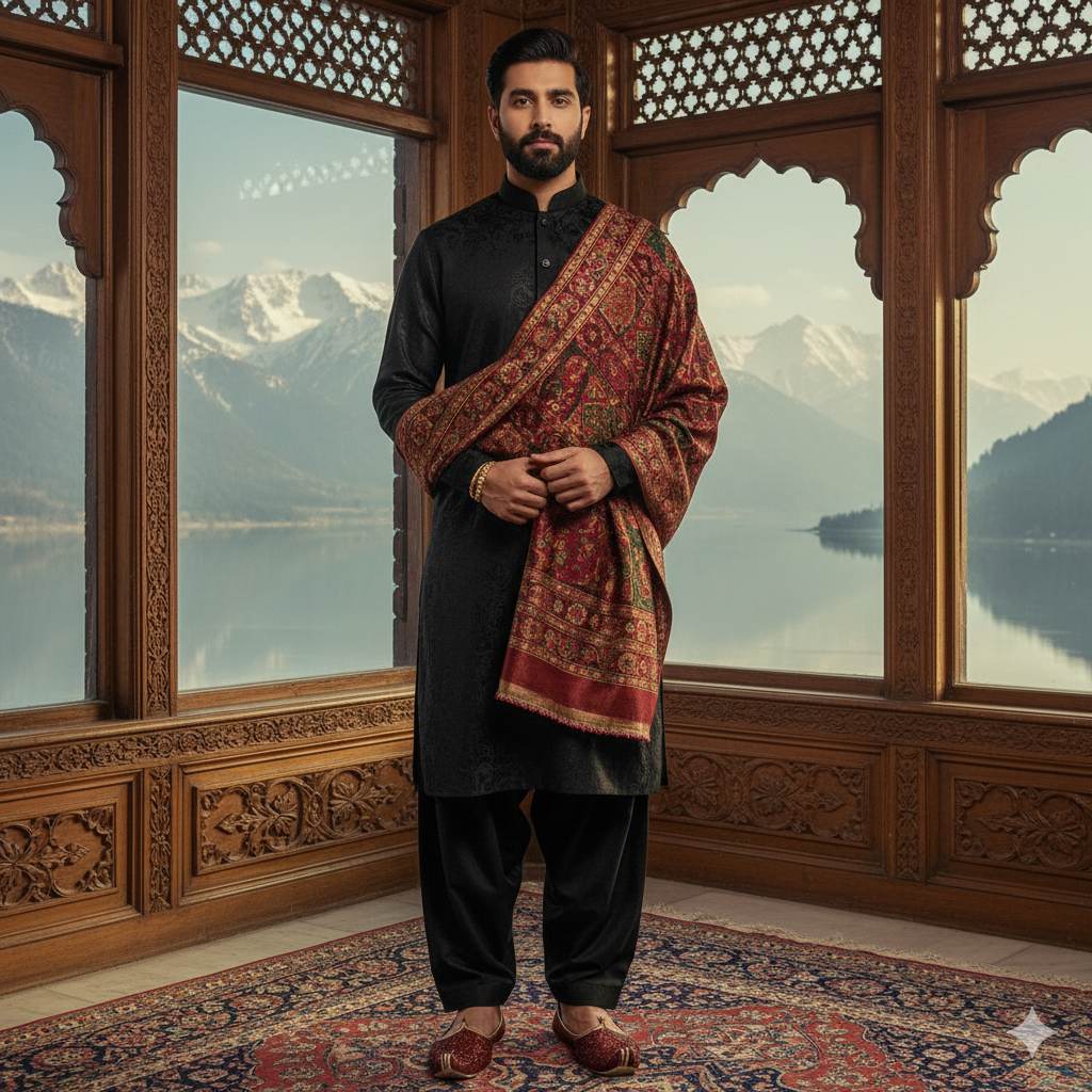 Man in traditional attire standing in a room with wooden decor and mountain view