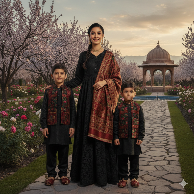 Woman and two children in traditional attire standing on a garden path with cherry blossom trees and a gazebo in the background.