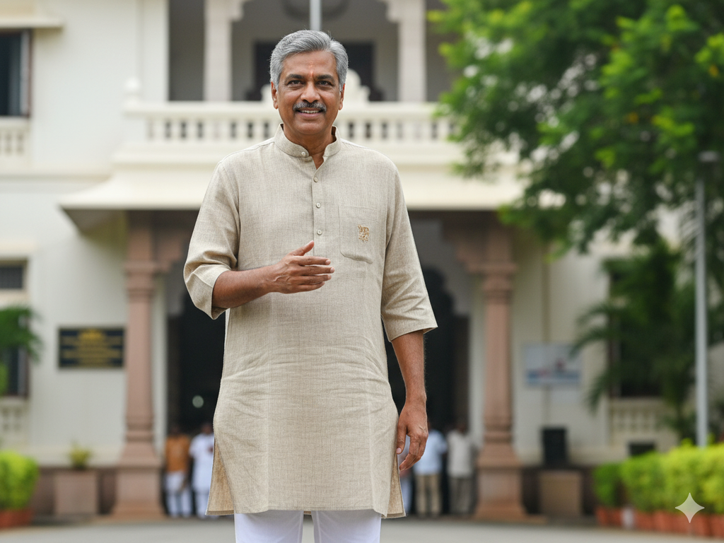 Man in a beige kurta standing in front of a building with greenery