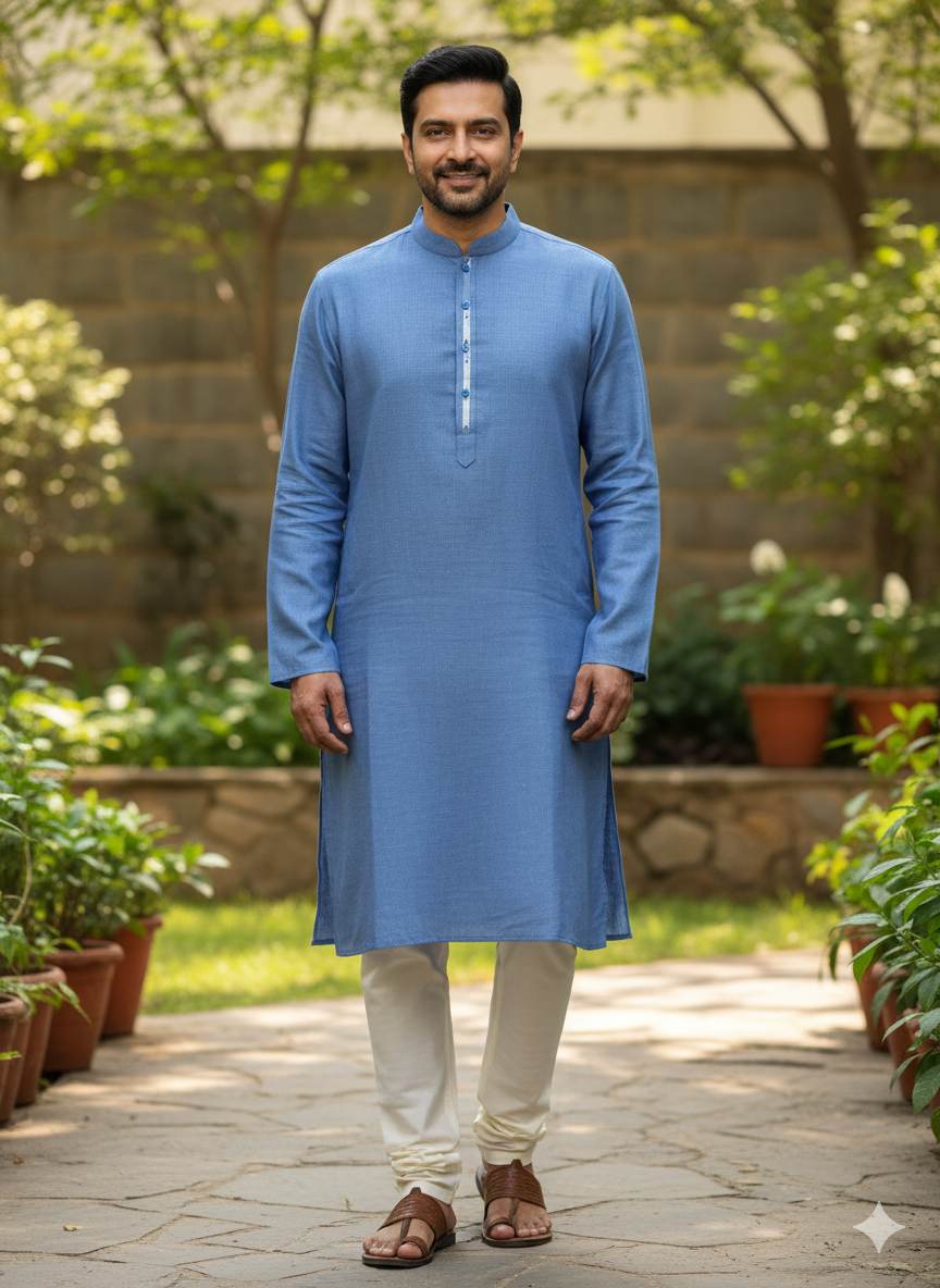 Denim Blue Pure Cotton Linen Fabric (70 lea)