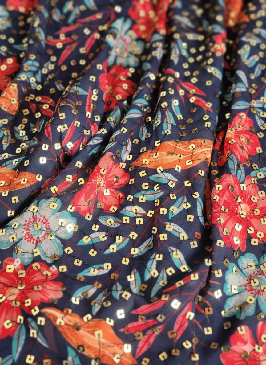 Digital Printed Georgette Enhanced with Sequence Work