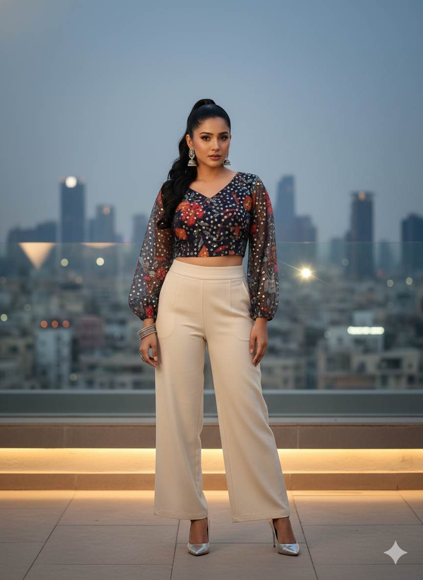 Digital Printed Georgette Enhanced with Sequence Work