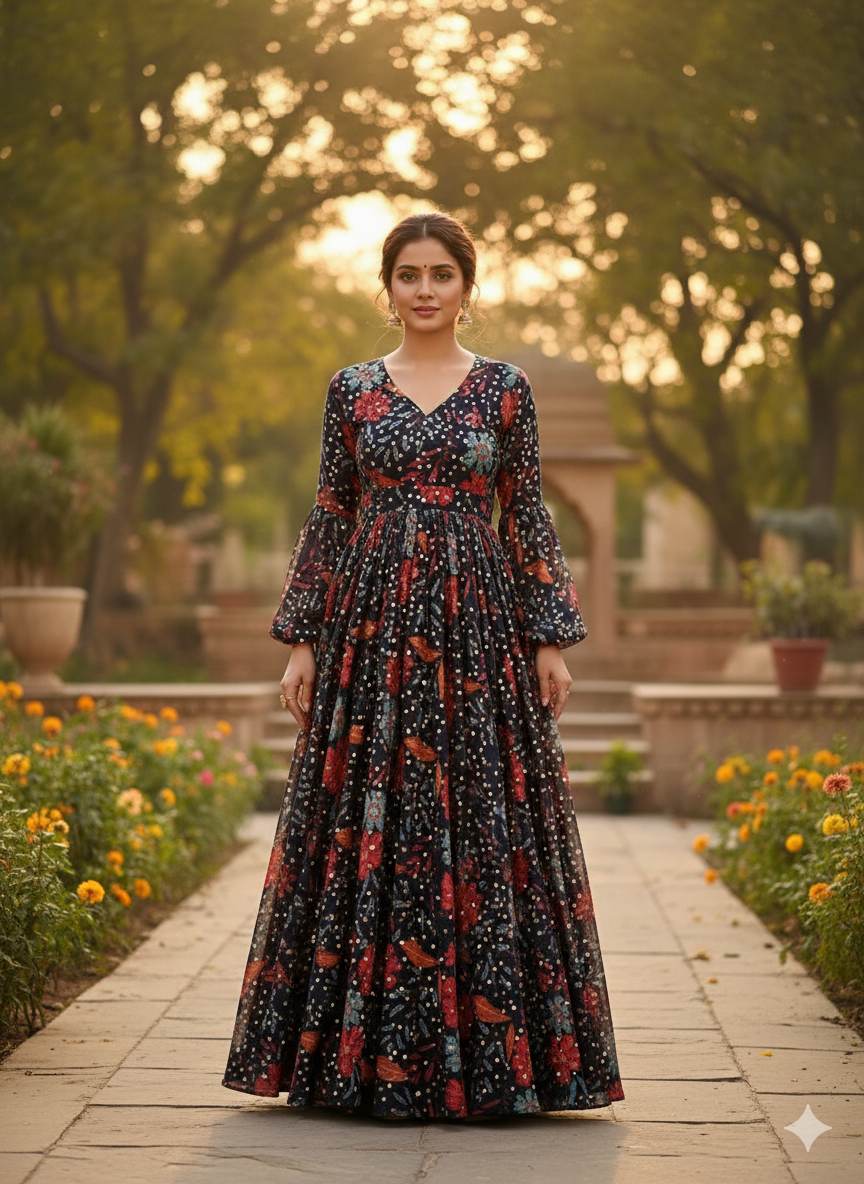 Digital Printed Georgette Enhanced with Sequence Work