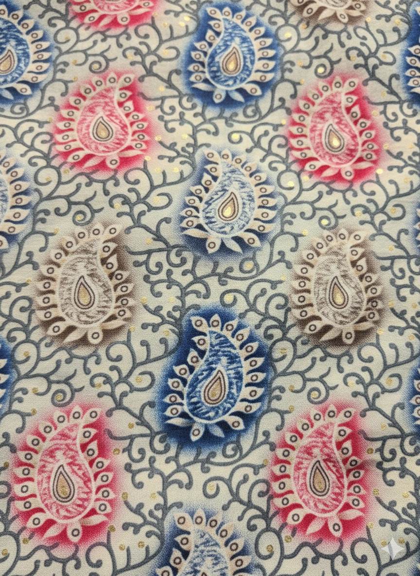 Digital Printed Muslin silk with Highlighted Golden Leaves