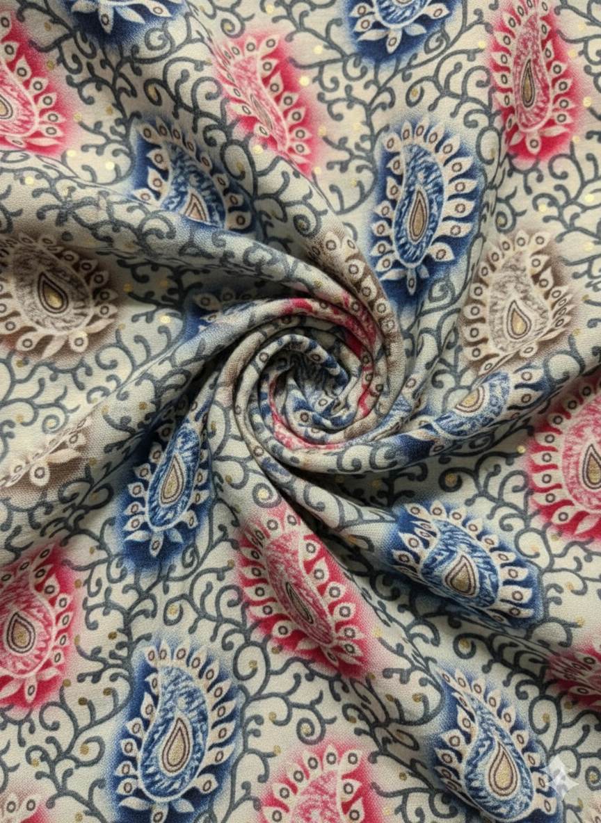 Digital Printed Muslin silk with Highlighted Golden Leaves