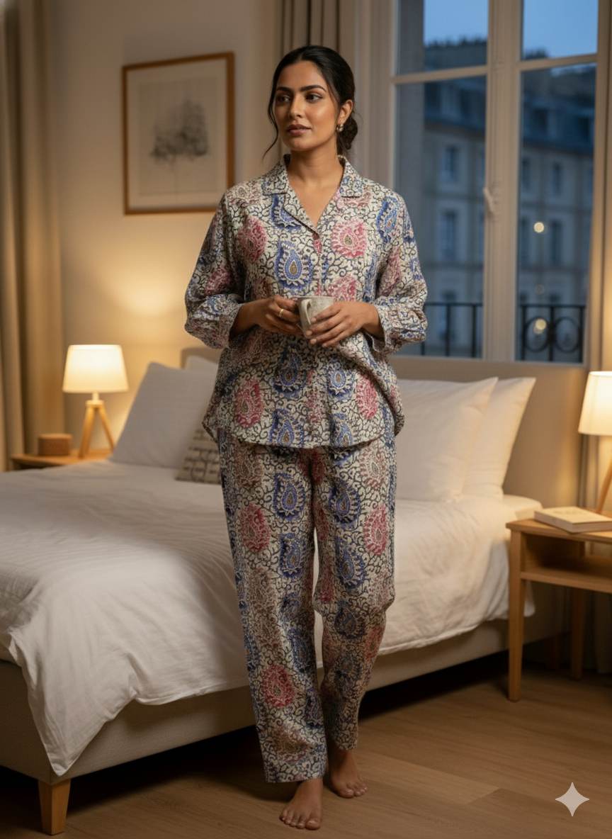 Digital Printed Muslin silk with Highlighted Golden Leaves