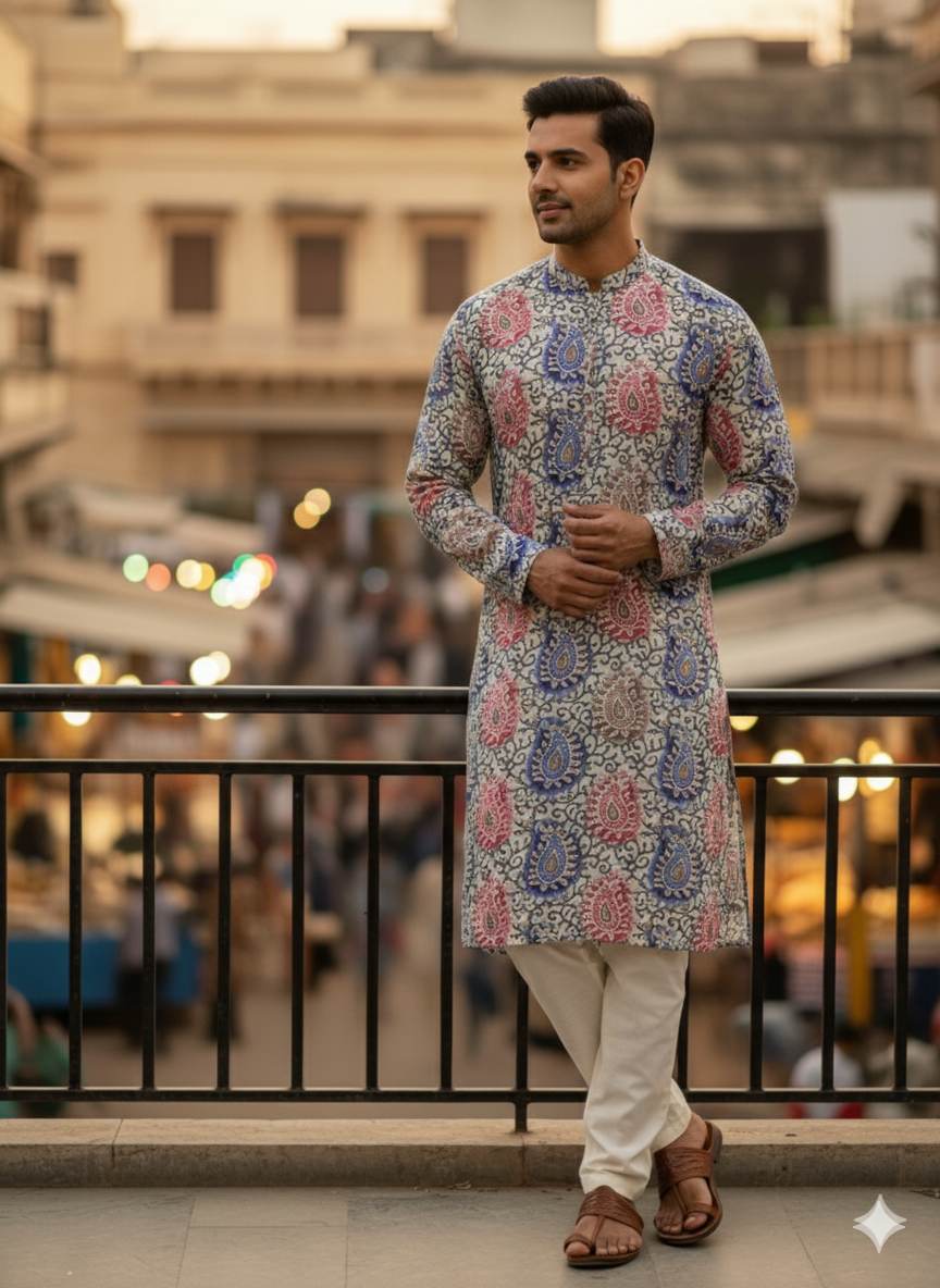 Digital Printed Muslin silk with Highlighted Golden Leaves