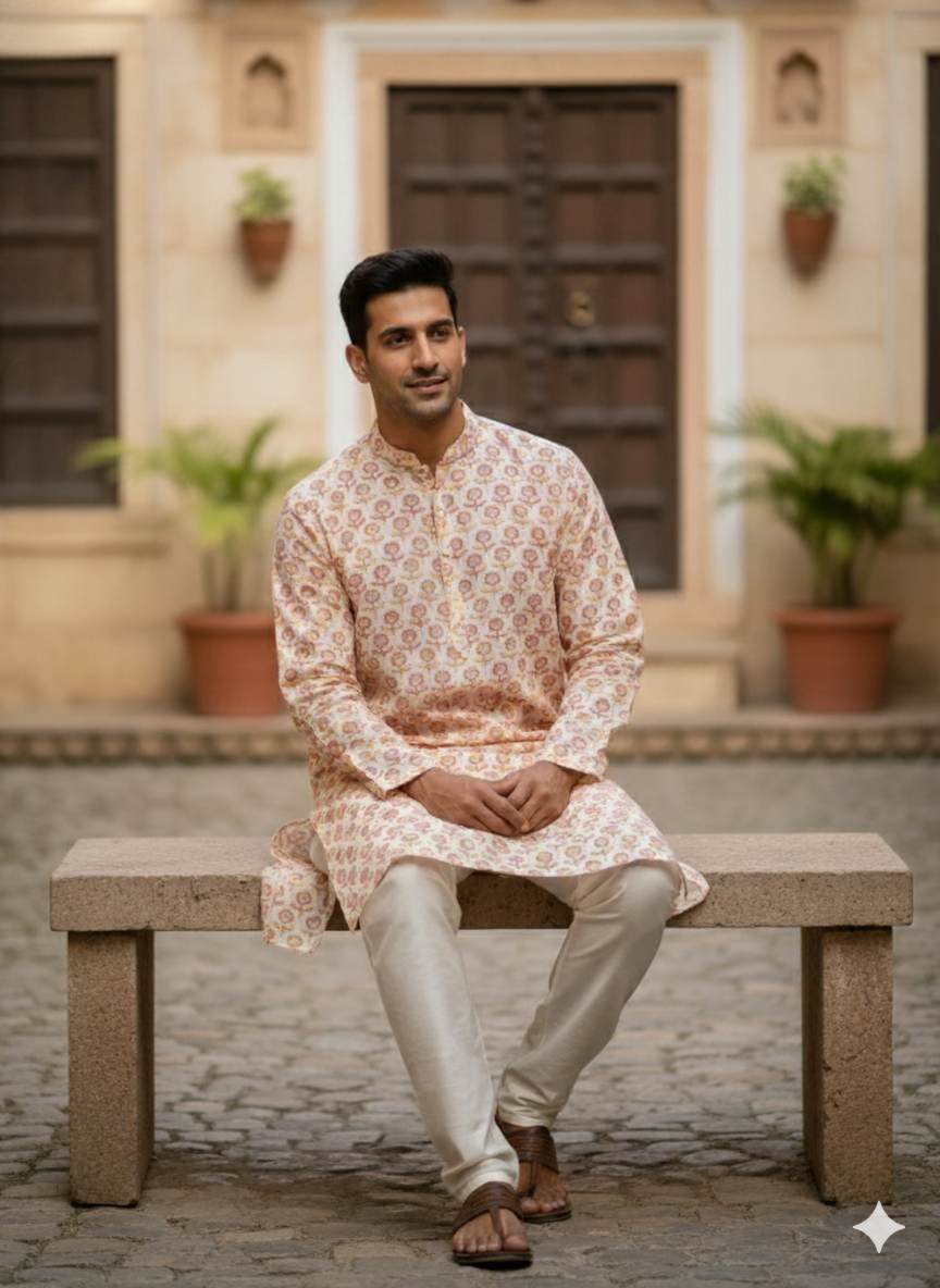 Digital Printed Peach Muslin Silk with Highlighted Golden Dots