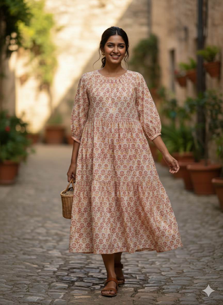 Digital Printed Peach Muslin Silk with Highlighted Golden Dots