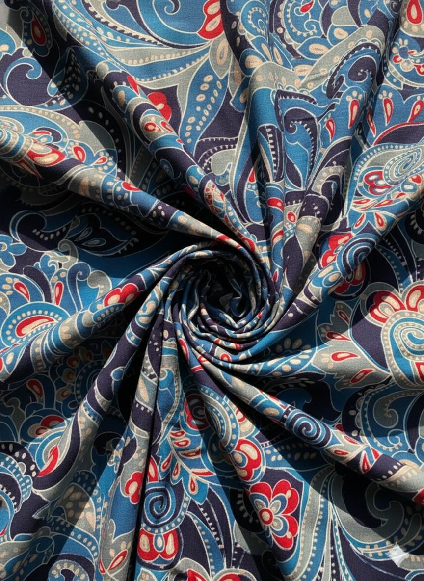 Digital Printed Blue Muslin Silk with Highlighted Golden Dots