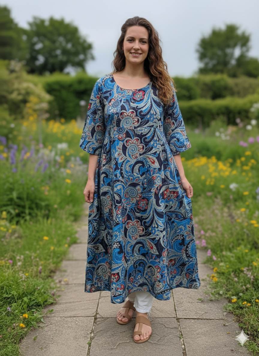 Digital Printed Blue Muslin Silk with Highlighted Golden Dots