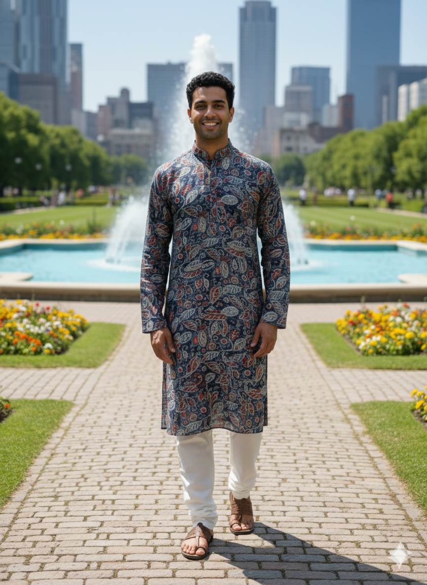 Digital Printed Blue Muslin Silk with Highlighted Golden Dots