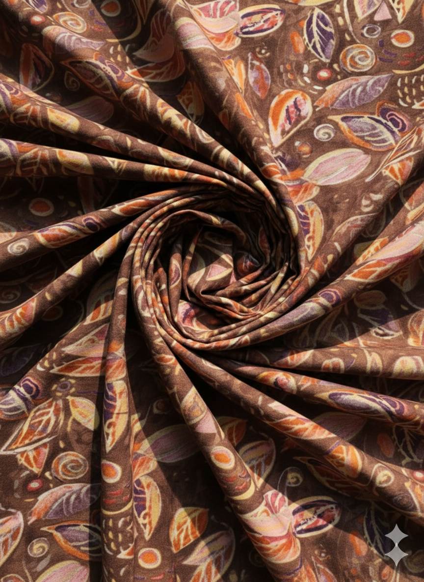 Digital Printed Brown Muslin Silk with Highlighted Golden Dots