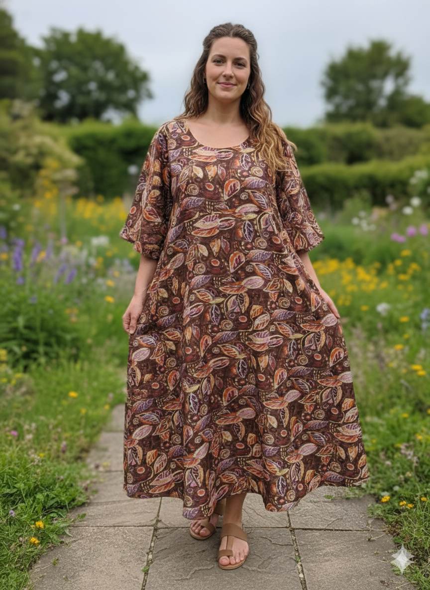 Digital Printed Brown Muslin Silk with Highlighted Golden Dots