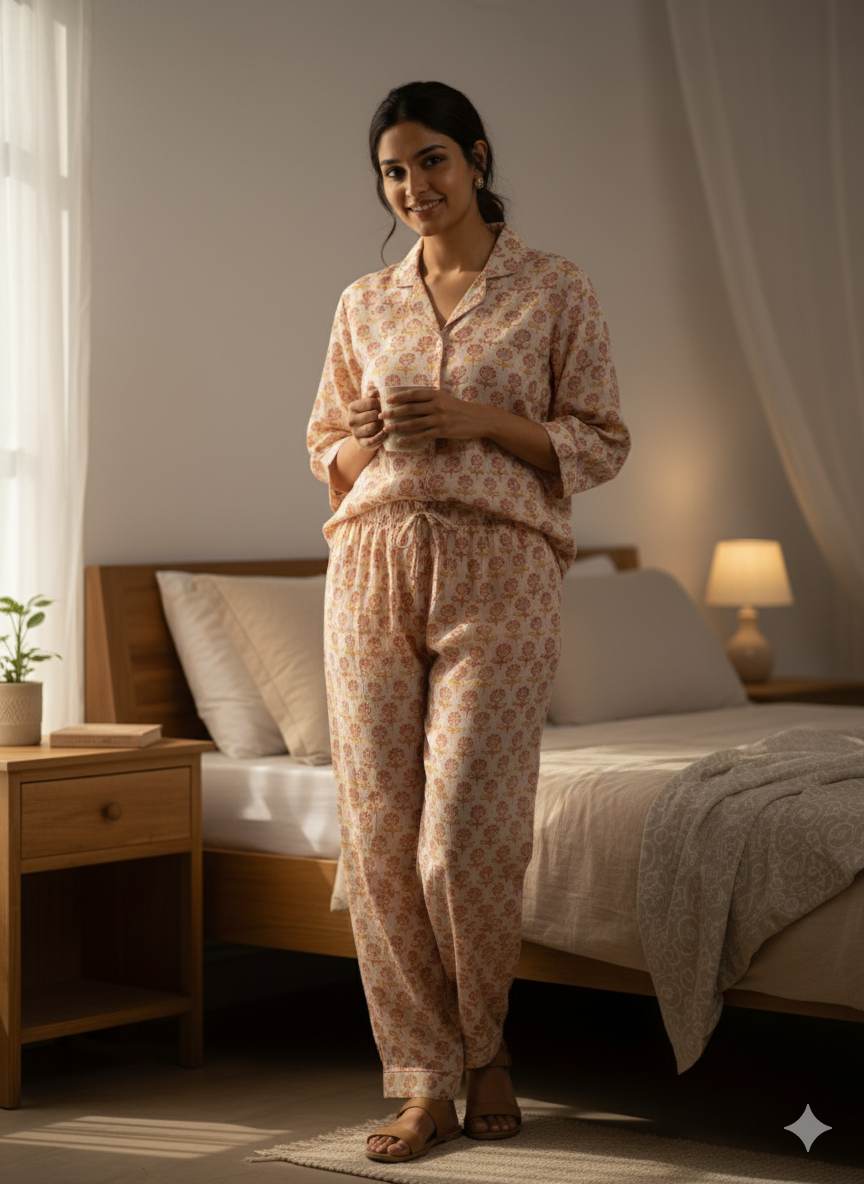 Digital Printed Peach Muslin Silk with Highlighted Golden Dots