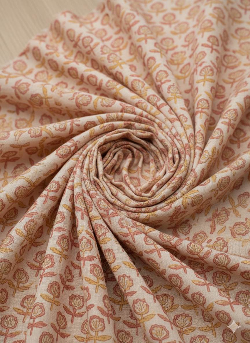Digital Printed Peach Muslin Silk with Highlighted Golden Dots