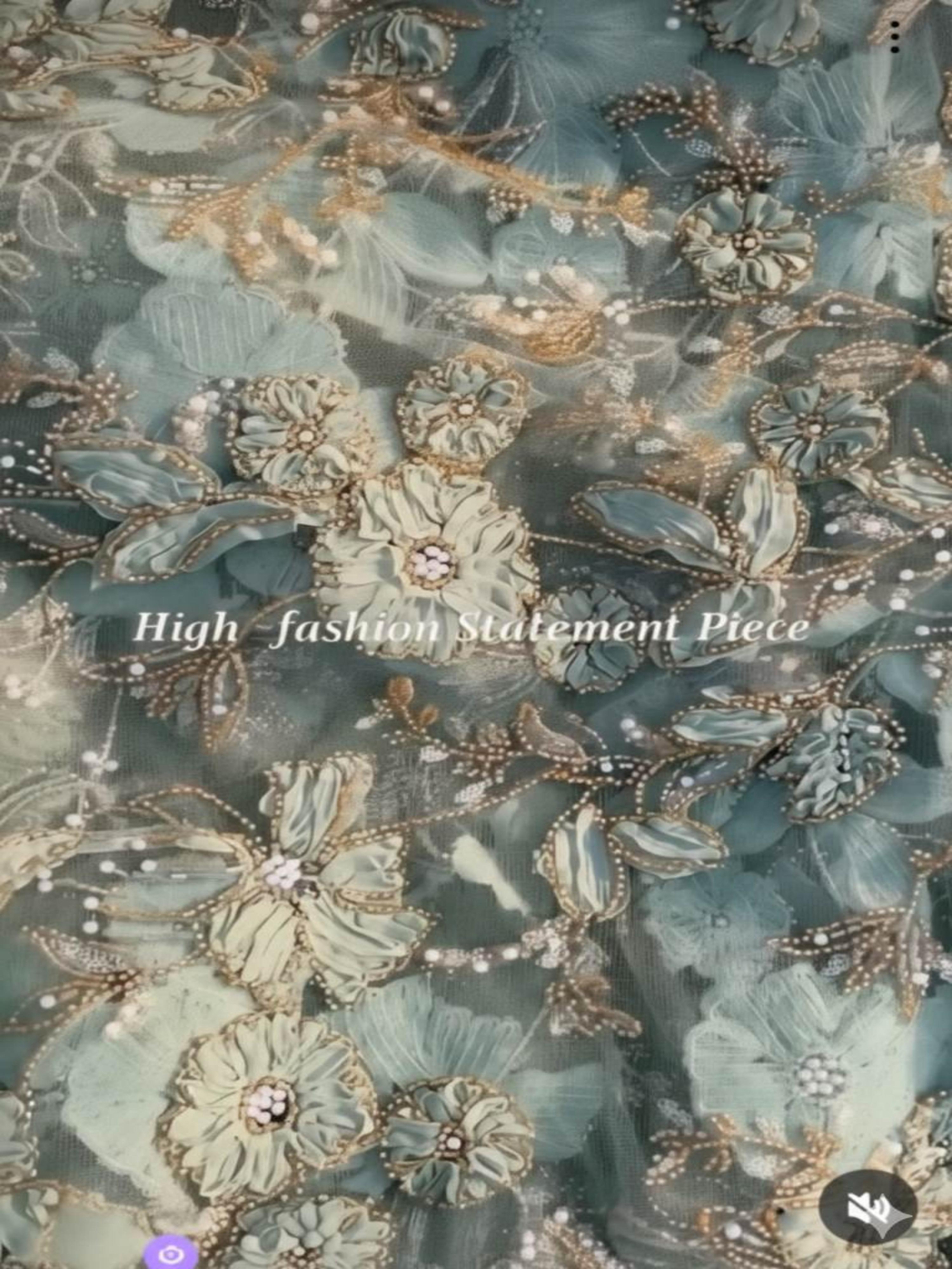 Beads & Ribbon work Embroidered Pista Green Imported Net fabric